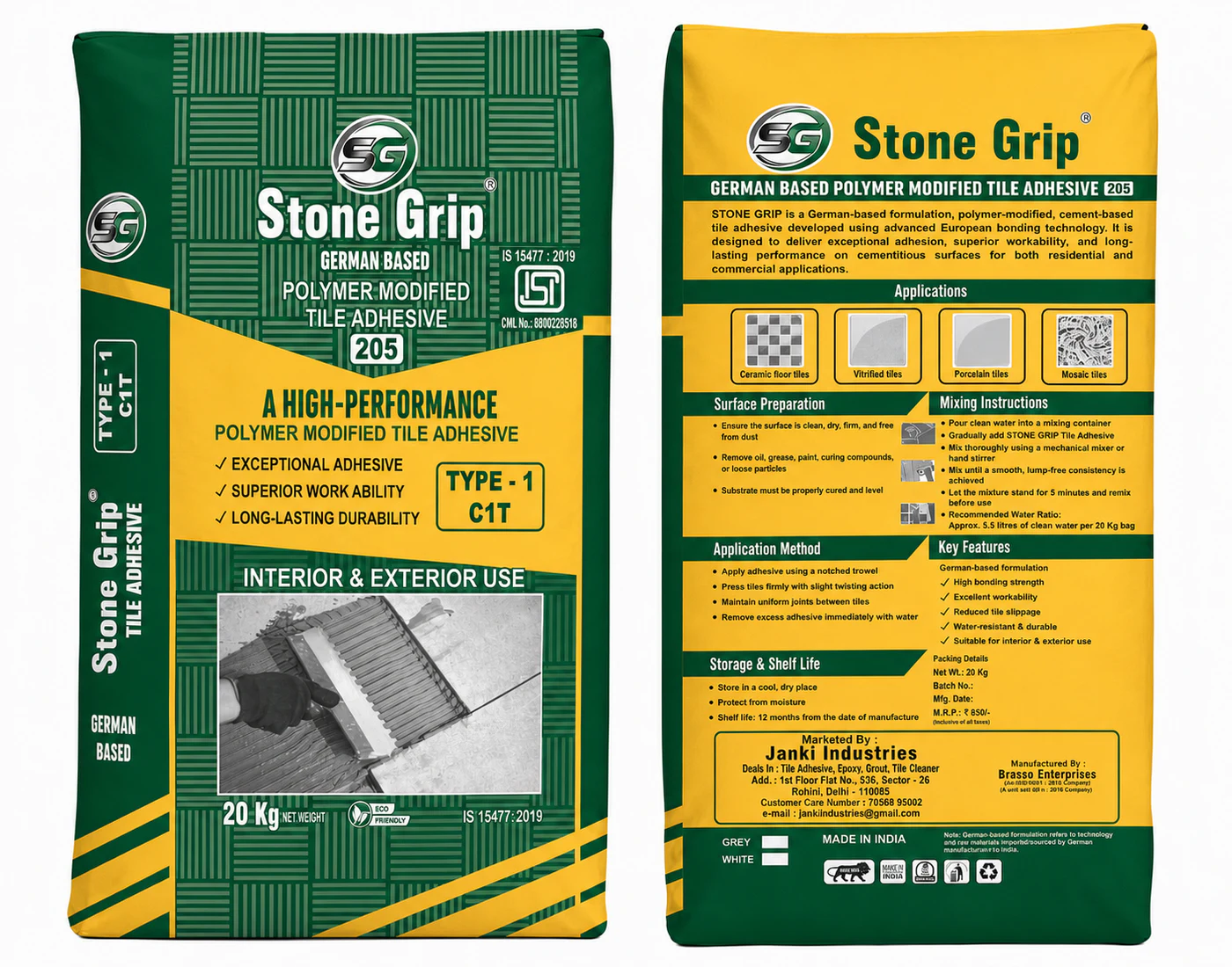 Stone Grip 205 polymer modified tile adhesive bag, front and back