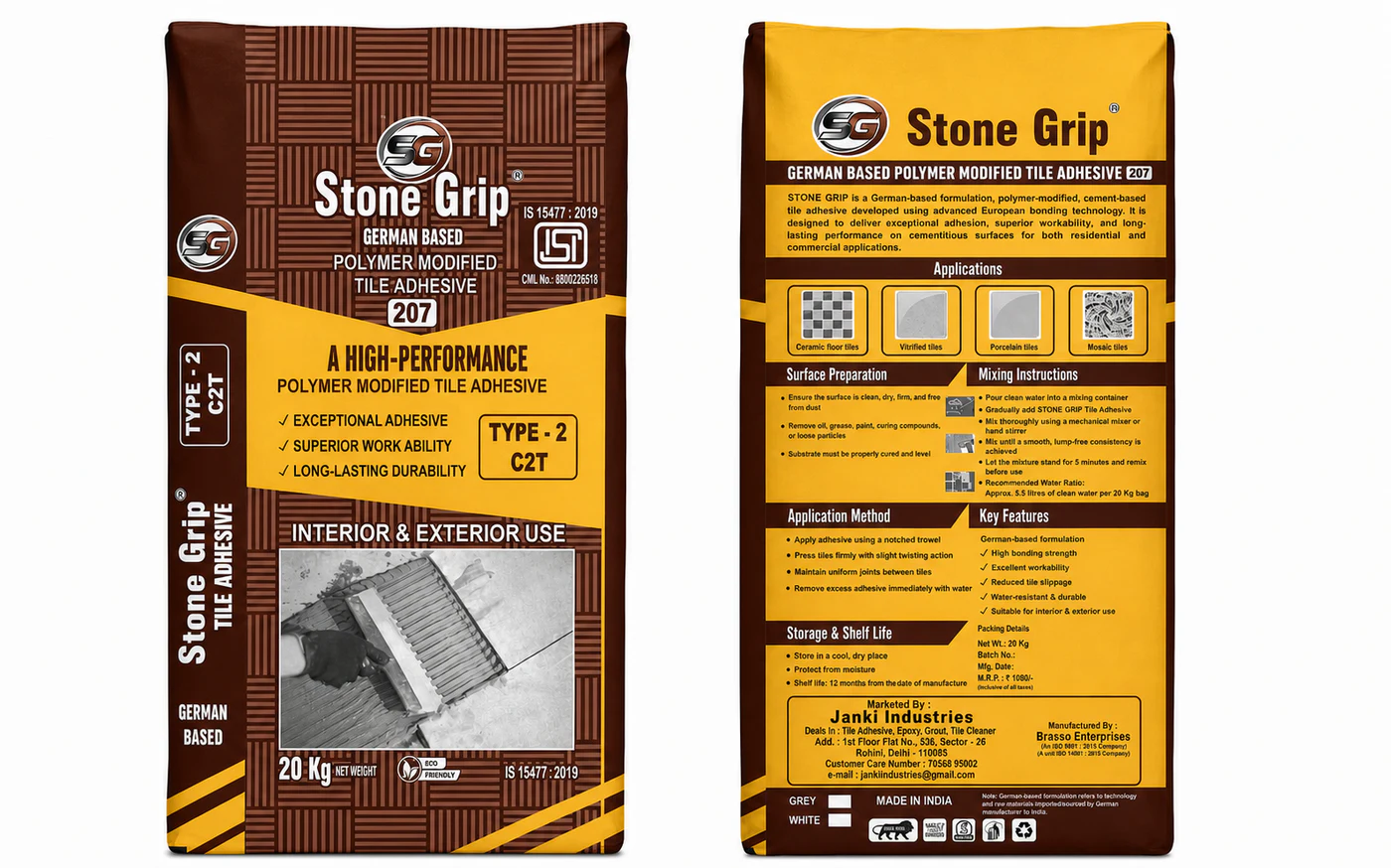 Stone Grip 207 polymer modified tile adhesive bag, front and back