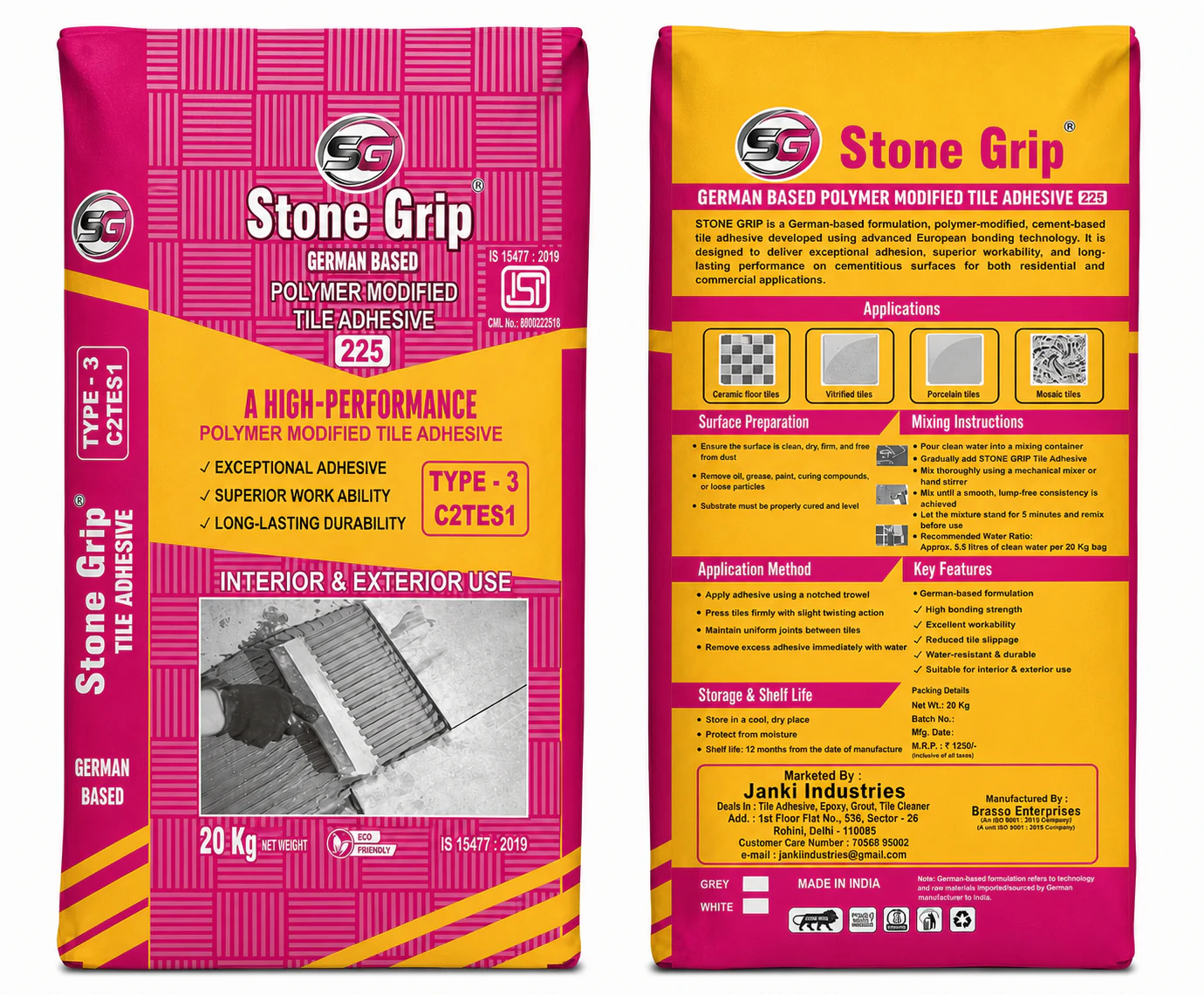 Stone Grip 225 polymer modified tile adhesive bag, front and back